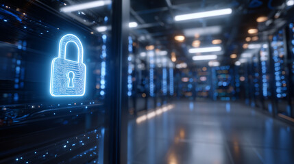 Dark server room featuring rows of racks, a central server displaying a radiant neon padlock icon, network cables glowing subtly, atmosphere of high-tech security and safety,