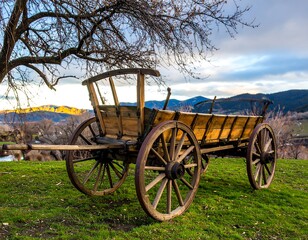 Fototapeta premium Rustic wooden wagon in a meadow at sunset