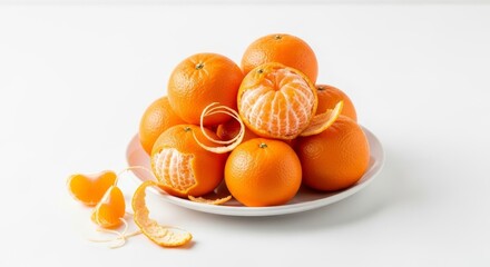 Still life of fresh whole and peeled tangerines on a white plate against a clean white background.
