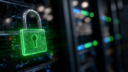 Server rack locked with radiant green padlock icon, LED indicators blinking rhythmically, dark background highlighting the importance of data protection and trust,