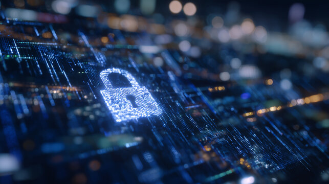 Futuristic server rack with holographic neon padlock symbol pulsating gently, surrounded by matrix-like streams of data, highlighting modern cybersecurity measures, - Powered by Adobe