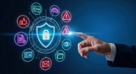 Fototapeta premium Cybersecurity Concept: Man Touches Holographic Shield with Padlock Symbolizing Data Protection, Internet Security and Network Defense