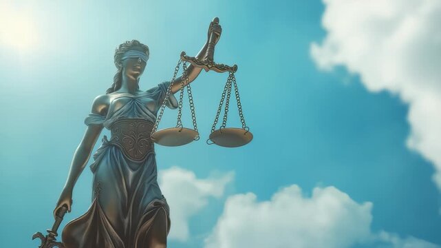 This low-angle shot captures the Lady Justice statue against a vibrant blue sky with scattered clouds. The sunlight enhances the metallic texture, symbolizing law, fairness, and impartiality.