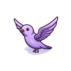 Purple cartoon bird flies on a black background for children's book illustration, greeting card, or educational content.