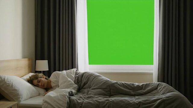 Young woman sleeping peacefully in a cozy bed next to a large window with a green screen for background replacement.