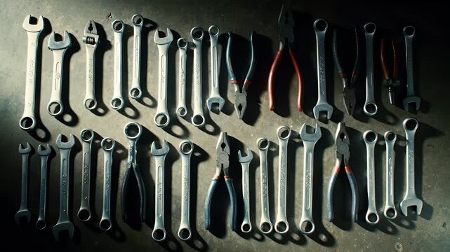 An overhead shot of various wrenches and pliers arranged in neat rows on a textured, neutral-toned surface, possibly a workbench or floor.
