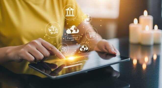 Woman's hands using a tablet with digital icons displaying online commerce and technology for business growth.