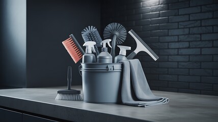 Photo of a collection of cleaning tools and supplies neatly arranged in a bucket, including brushes, spray bottles, and a squeegee