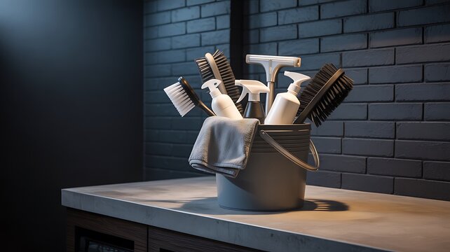 Photo of a collection of cleaning supplies and tools, including brushes, spray bottles, and a cloth, neatly arranged in a bucket on a countertop - Powered by Adobe