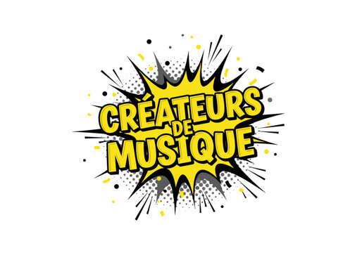 Createurs de musique. Illustration de style bande dessinee pop art. Bulle de dialogue comique avec texte pour la creation musicale.