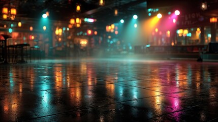 Fototapeta premium A party room or nightclub with neon lights and reflections on the dance floor. The scene is lively and energetic, with the bright lights and reflections creating a sense of excitement and movement.
