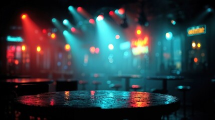 Wallpaper featuring a blurred image of a bar with neon lights. The scene is lively and festive. Nightlife concept.