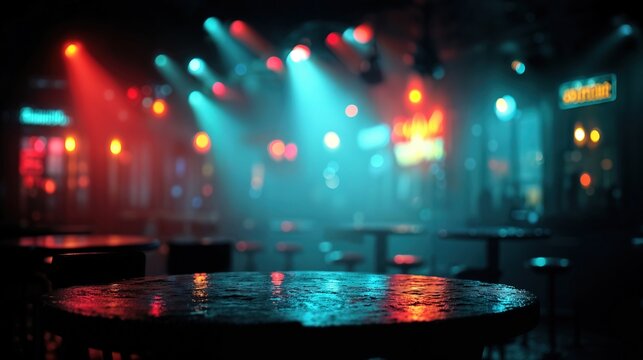 Wallpaper featuring a blurred image of a bar with neon lights. The scene is lively and festive. Nightlife concept.
