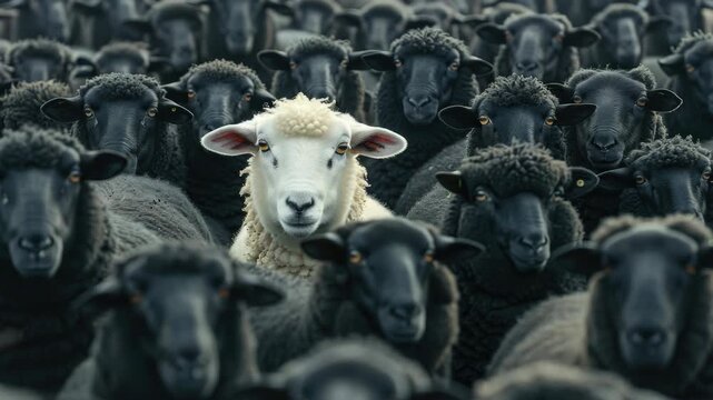 A white sheep lost in a flock of black ones.