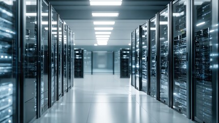 Modern Data Center Interior with Rows of Server Racks for Cloud Computing and IT Infrastructure
