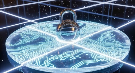 Cybersecurity Lock on Futuristic Circuit Board: Digital Security, Encryption, and Data Protection Concept