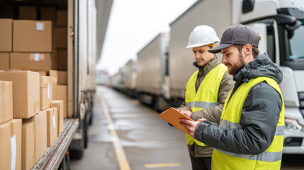 Two male workers in vests, hard hats are inspecting cargo of cardboard boxes being loaded onto truck. They are using clipboard to verify shipment. Themes of teamwork, attention to detail in logistics