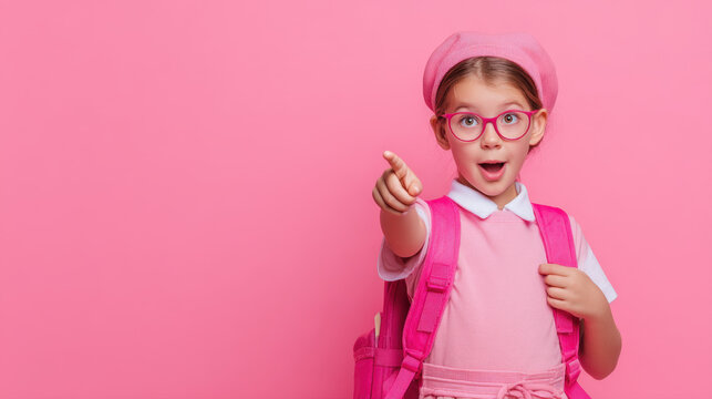 Excited young student with wide-eyed, surprised expression, open mouth points at something off-camera. She is wearing a pink beret, glasses, backpack, ready for school against solid pink background.