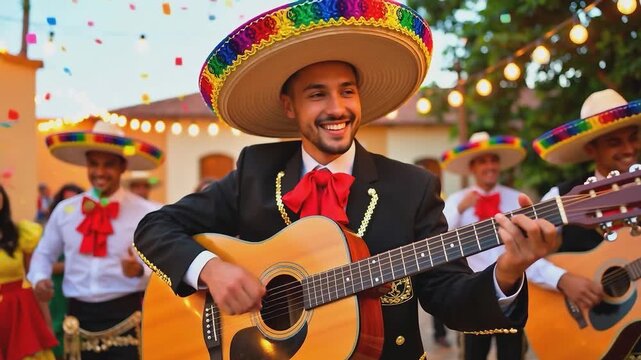 Mariachi musician in traditional charro suit and sombrero playing guitar outdoors with other band members in background. Mexican music and cultural performance concept for design and print