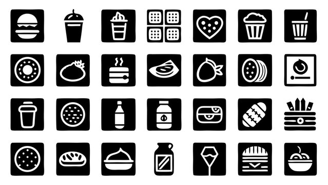 A collection of 30 black and white icons representing food drinks numbers and symbols hamburger cupcake