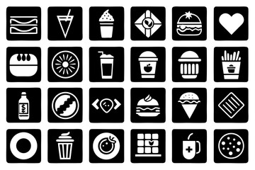 Grid of Food and Drink Icons on Black Background sandwich cupcake