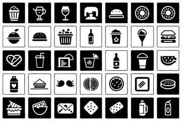 Collection of Food and Drink Icons in Black and White Grid Layout cupcake wine glass