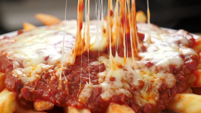 Delicious Poutine Fries Topped With Melting Mozzarella And Tomato Sauce