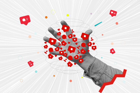 Creative art collage with hand surrounded by red social media notification icons with likes, comments, and followers. Concept online engagement, audience growth, and digital influence.