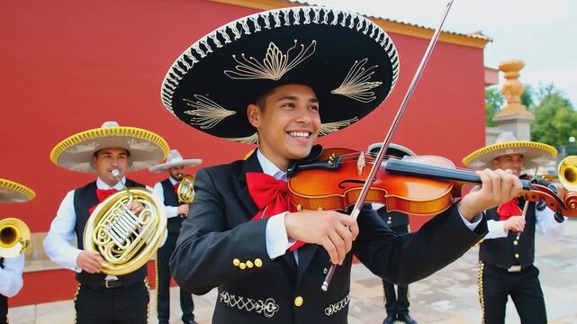 Mariachi band performing outdoors with musician in traditional black suit and sombrero playing violin, brass players in background. Cultural music photography. Mexican folk music and celebration conce