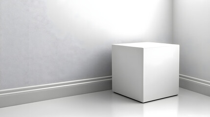 Obraz premium White cube sits on matte floor in minimalist room, creating serene and ambient atmosphere with soft lighting. simplicity and clean lines evoke sense of calm and balance