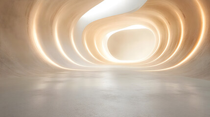 Fototapeta premium Futuristic, minimalist interior with smooth, flowing curves and soft ambient lighting creates serene atmosphere. space features seamless blend of architecture and light, evoking sense