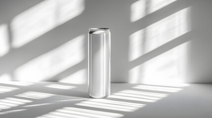 Tall slim aluminum can with clean design stands in soft light, casting shadows on white surface. minimalist style and sleek appearance evoke modern and refreshing feel