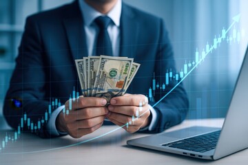 Business Professional Holding Cash with Stock Market Growth Overlay, Symbolizing Investment Success and Financial Prosperity