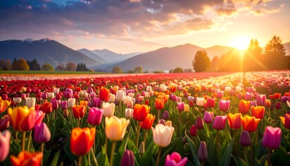 Colorful tulip field at sunrise