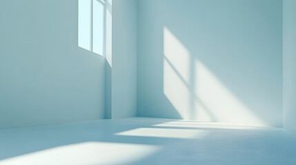 Obraz premium Minimalist room with white walls and large window casts soft shadows, creating serene and airy atmosphere. high key lighting enhances clean and modern aesthetic
