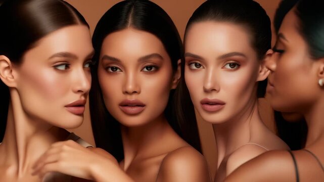 A close-up portrait of four women with different skin tones, their faces angled toward the camera against a brown backdrop. The focus is on their complexion and natural makeup.
