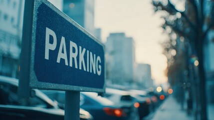 Obraz premium Blue parking sign in urban setting at dusk, vehicle row on the street with building background
