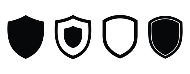 Four Black and White Shield Icons of Varying Designs protection security