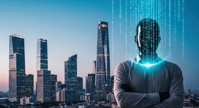 Abstract Futuristic Man with Digital Binary Code Overlay, Standing Before Modern Cityscape, Concept for Artificial Intelligence