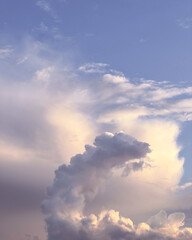 Dramatic cumulus cloud resembling a dragon, illuminated by the soft evening light against a pastel sky. Perfect for fantasy, weather, and nature concepts.