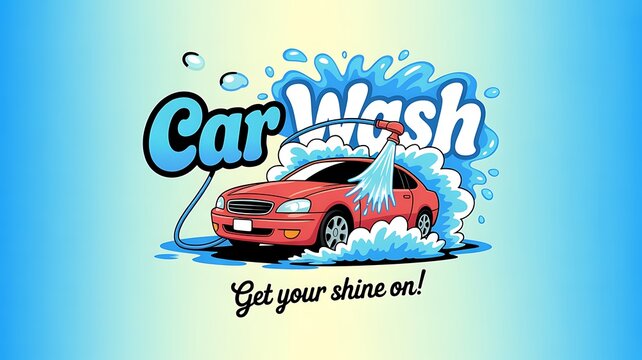 Photo of red car being washed at a car wash with water spray and foam, get your shine on