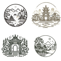 Fototapeta premium Traditional Chinese landscape illustrations with pagoda and mountains 