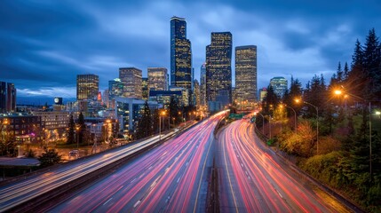 Obraz premium Dramatic Nightscape of a City Skyline with Long Exposure Traffic Streaks and Towering Buildings
