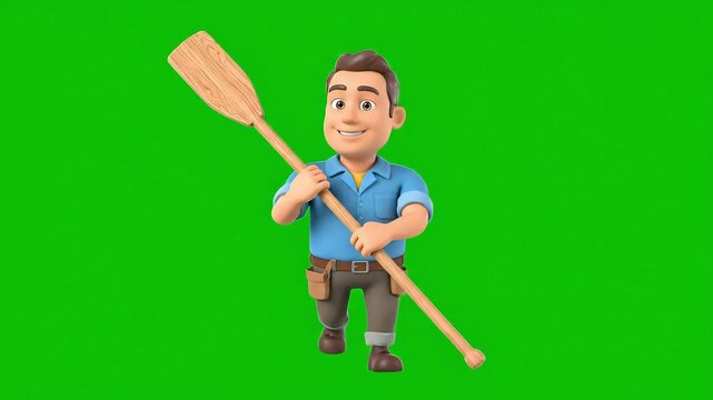 Cheerful 3D Cartoon Man with Wooden Oar Walking Across the Frame on a Green Screen