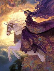medieval tapestry illustration of woman riding a unicorn