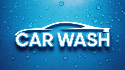 Photo of car wash text and silhouette of a car on a blue background with water droplets, representing cleaning and auto care services