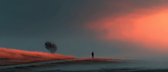 Lonely figure walking along a misty path at dusk