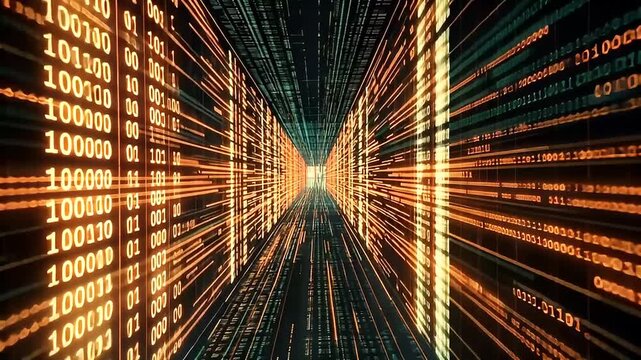 Abstract Digital Data Tunnel with Binary Code in Orange and Green Tones