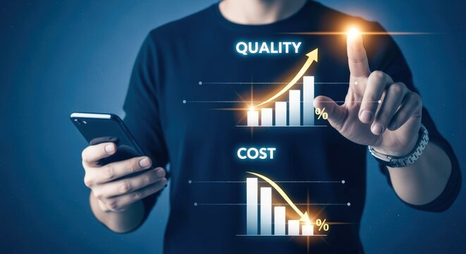 Quality Improvement and Cost Reduction Strategy: Man Interacting with Graph Showing Increased Quality and Decreased Cost