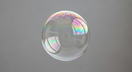 Iridescent soap bubble with swirling rainbow patterns against a neutral gray background